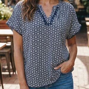 Tommy Hilfiger Navy & White Flutter Sleeve Blouse-Embellished V-Neckline- Large